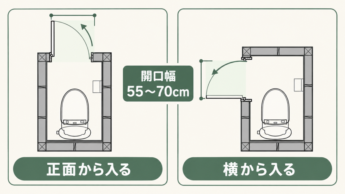 開口幅55〜70cmの外開きドアについて、正面入口と横入口を比較した平面図