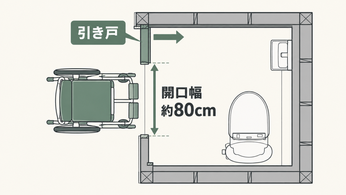 約80cmの開口幅を確保した引き戸から車いすで入る様子を上から見た図解