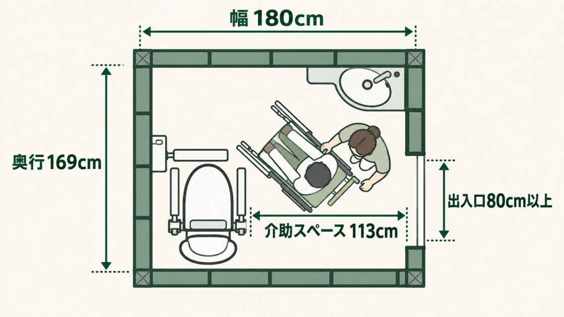 幅180cm・奥行169cm、出入口80cm以上、介助スペース113cmのトイレ平面図