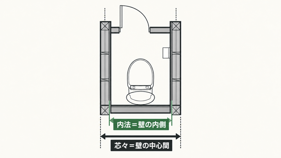 壁の内側を測る内法寸法と、壁の中心間を測る芯々寸法の違いを示した図解