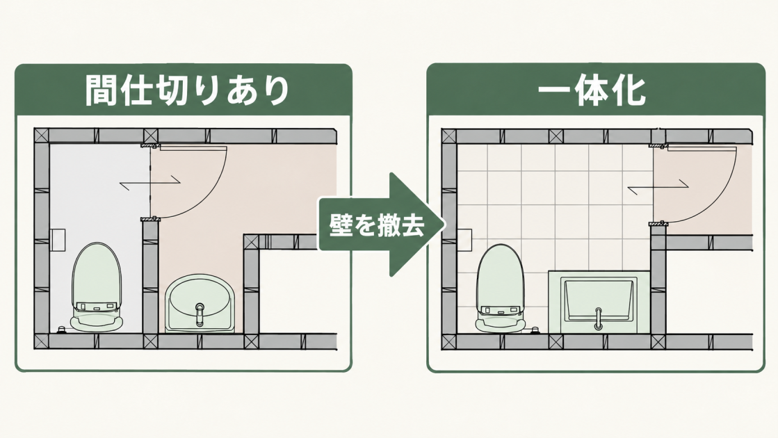 トイレと洗面所の間仕切り壁を撤去し、ひとつの広い空間にする前後比較図