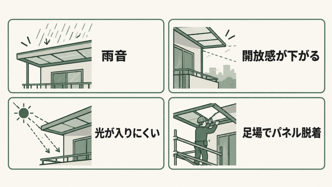 バルコニー屋根の後付けによる雨音、開放感の低下、採光不足、足場設置時のパネル脱着を示した図解