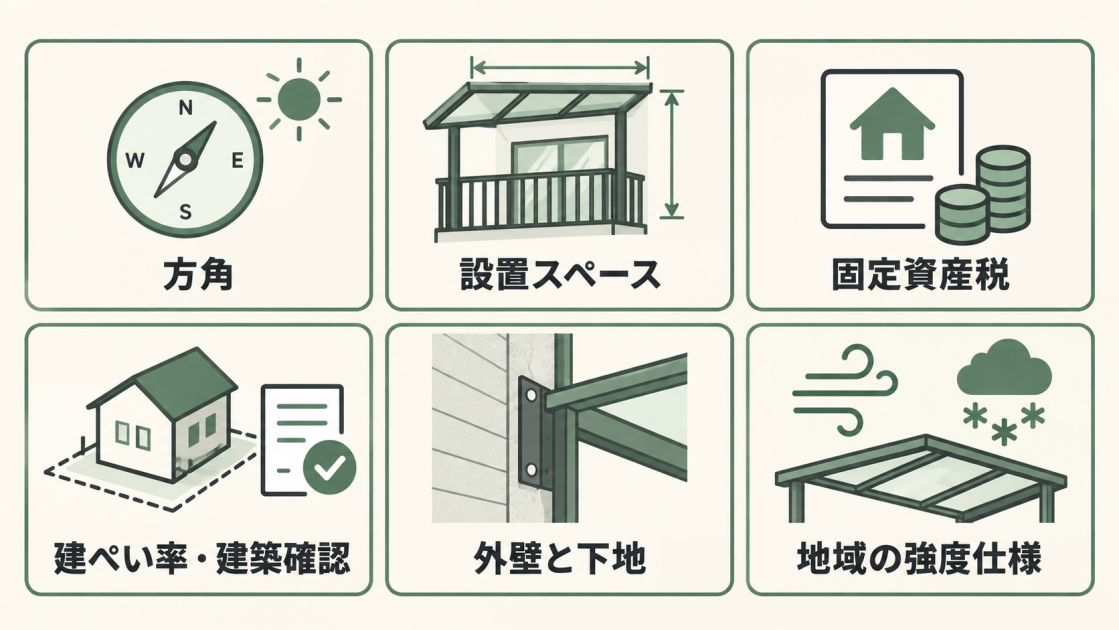 方角、設置スペース、固定資産税、建ぺい率と建築確認、外壁と下地、地域の強度仕様の6項目を示した図解
