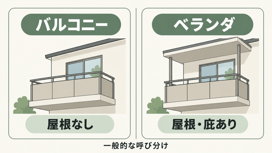 屋根のないバルコニーと、屋根や庇のあるベランダの一般的な違いを左右で比較した図解