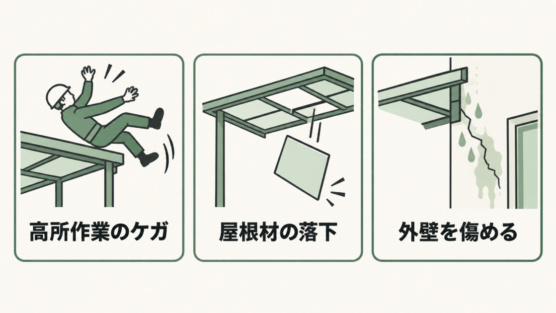高所作業のケガ、屋根材の落下、外壁の損傷というバルコニー屋根DIYの3つのリスクを示した図解