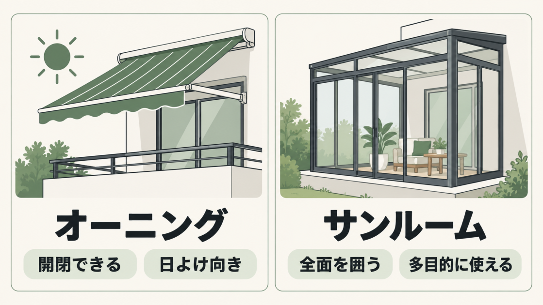 開閉できて日よけ向きのオーニングと、全面を囲い多目的に使えるサンルームを比較した図解
