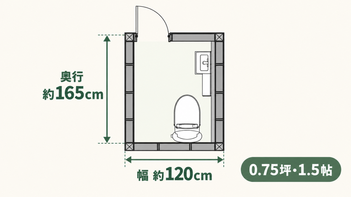 0.75坪・1.5帖の広めのトイレについて、内法幅約120cm、奥行約165cmを示した平面図