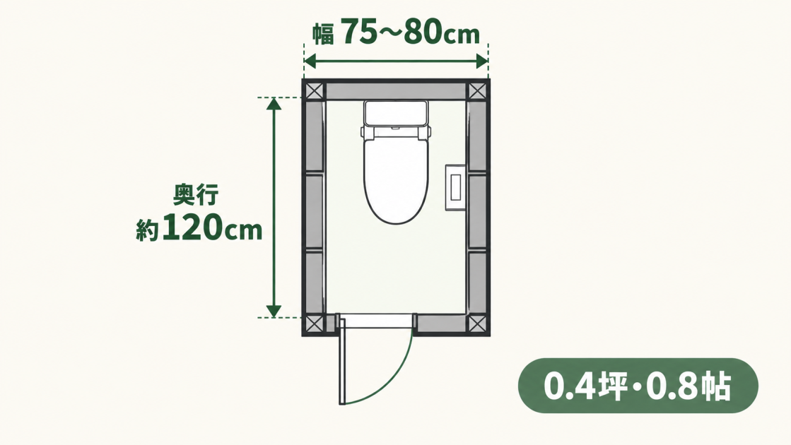 0.4坪・0.8帖のトイレについて、内法幅75〜80cm、奥行約120cmを示した平面図