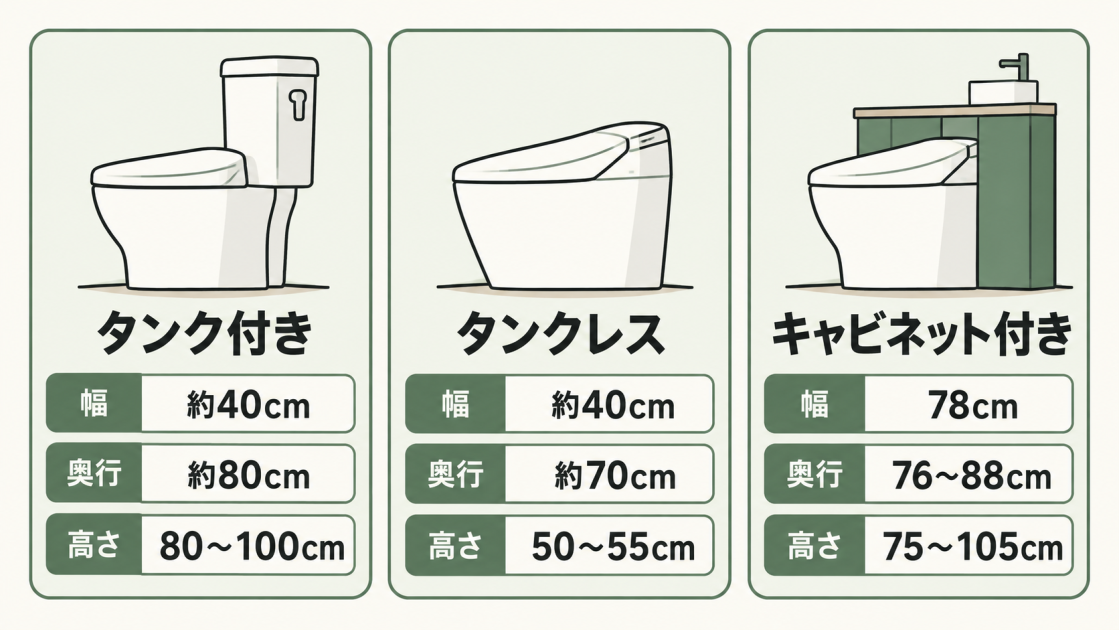 タンク付き、タンクレス、キャビネット付きトイレの幅・奥行・高さの代表寸法を比較した図解
