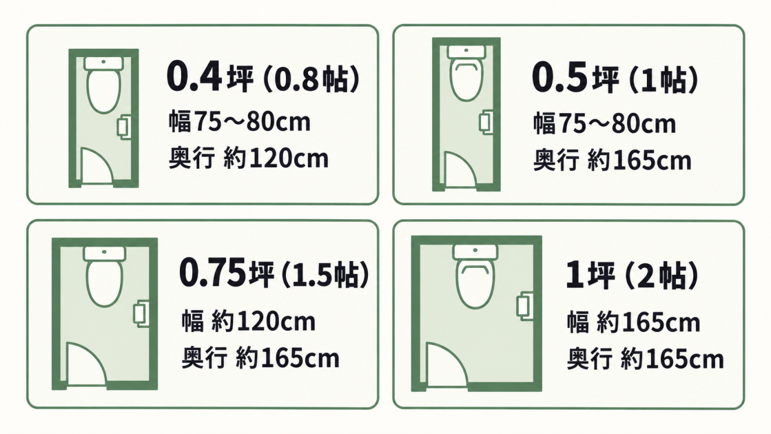 0.4坪・0.5坪・0.75坪・1坪のトイレについて、幅と奥行の目安を比較した図解