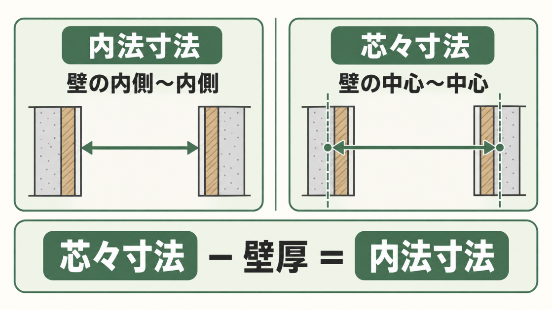 壁の内側間を測る内法寸法と、壁の中心間を測る芯々寸法の違いを示した図解