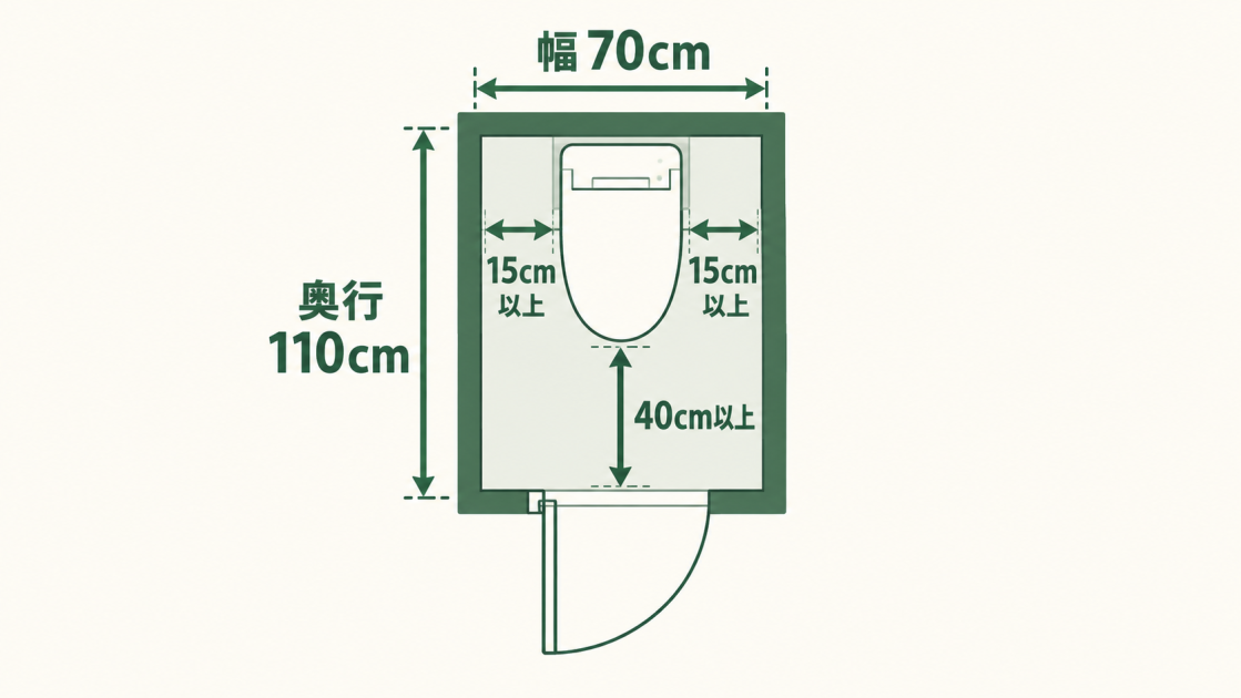 内法幅70cm・奥行110cm、便器左右15cm以上、前方40cm以上を示した最小トイレの平面図