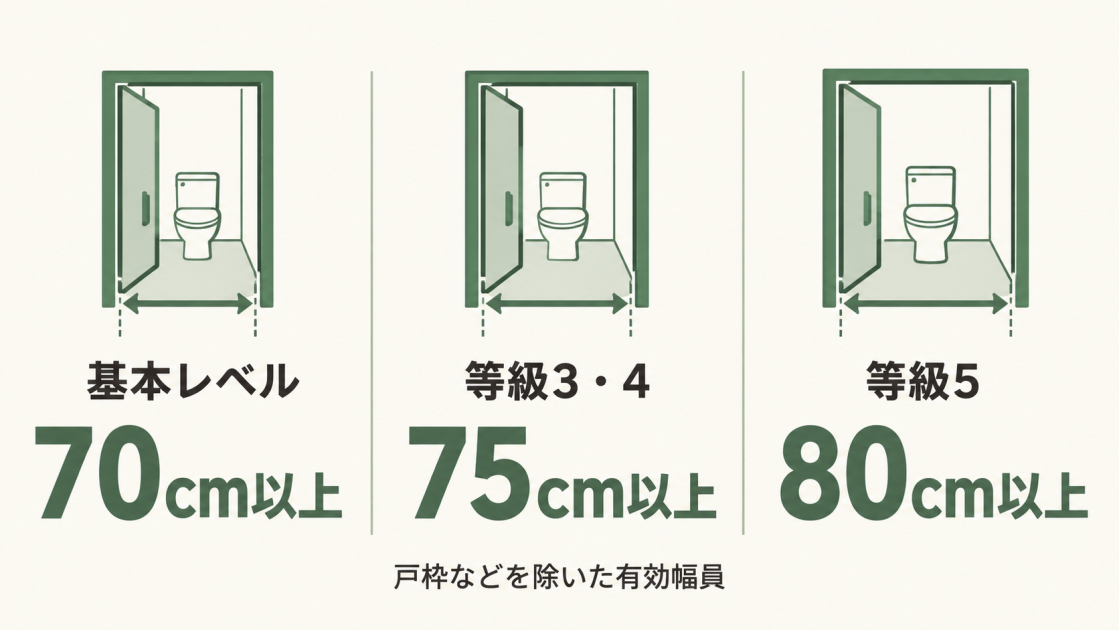車いす使用者向け住宅の基本レベル70cm以上、等級3・4は75cm以上、等級5は80cm以上の有効幅員を比較した図解
