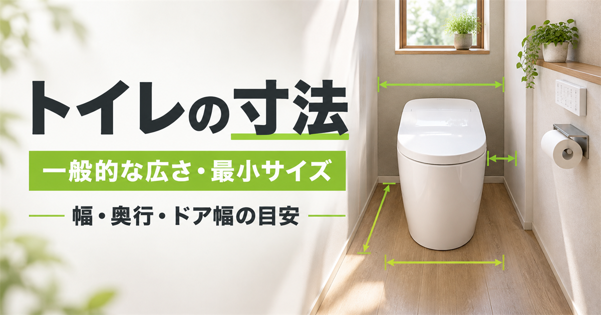 「トイレの寸法 一般的な広さ・最小サイズ 幅・奥行・ドア幅の目安」の文字と、便器周囲の寸法を示す矢印