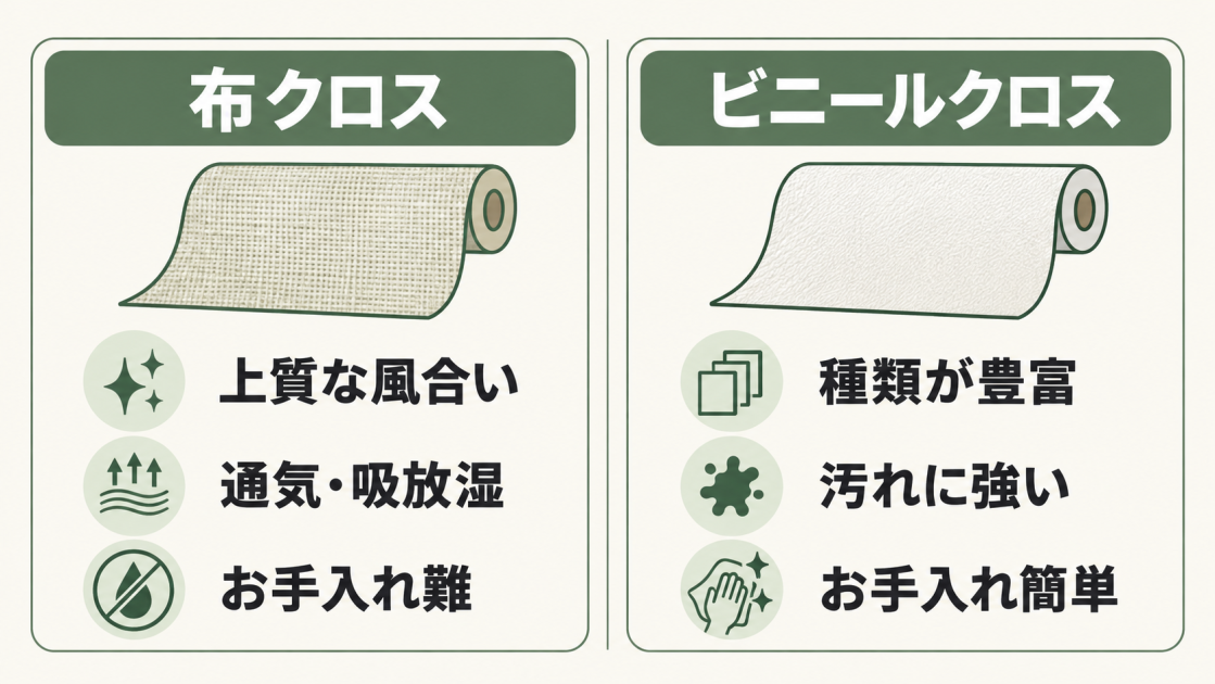 布クロスは上質な風合いと通気・吸放湿性、ビニールクロスは種類の豊富さと汚れへの強さが特徴であることを比較した図