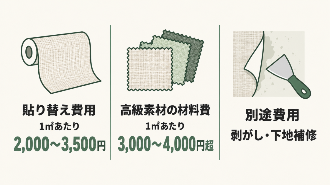 布クロスの貼り替え費用は1平方メートルあたり2,000〜3,500円、高級素材の材料費は3,000〜4,000円超で、剥がしや下地補修は別途費用になることを示す図