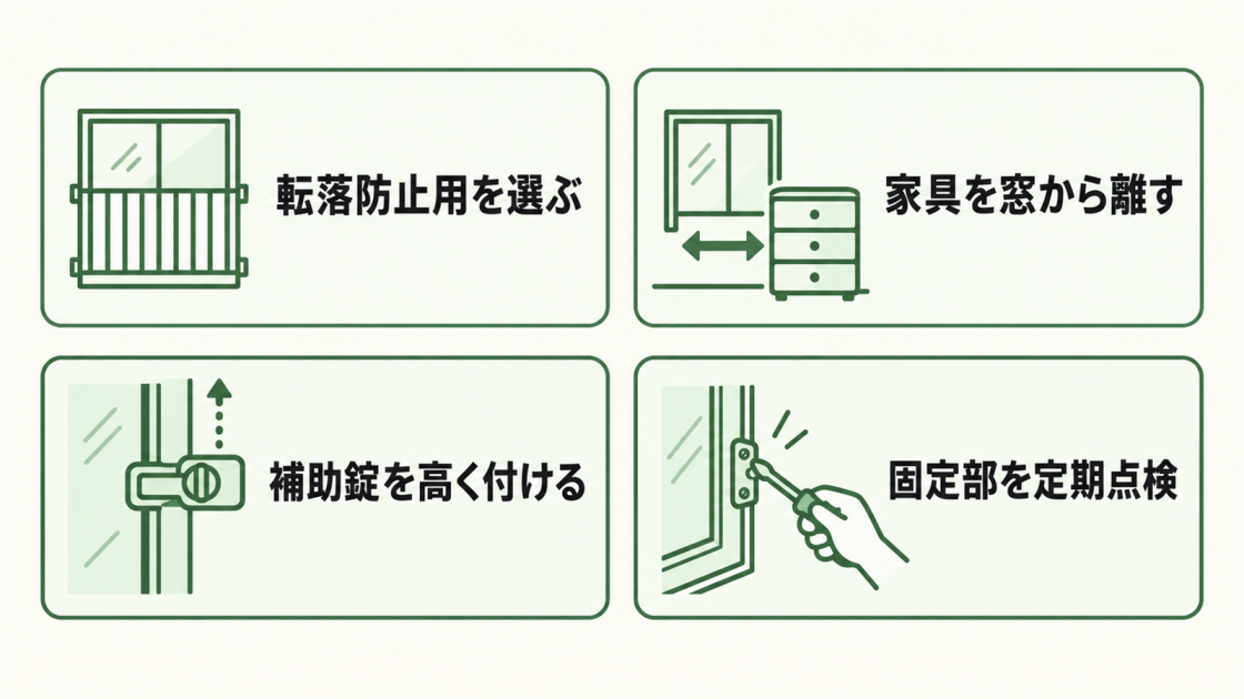 転落防止用の窓手すりを選び、家具を窓から離す、補助錠を高く付ける、固定部を定期点検する4つの対策