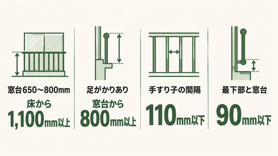 窓台が650〜800mmなら床から1,100mm以上、足がかりがあれば窓台から800mm以上、手すり子は110mm以下、最下部と窓台は90mm以下と示す図解