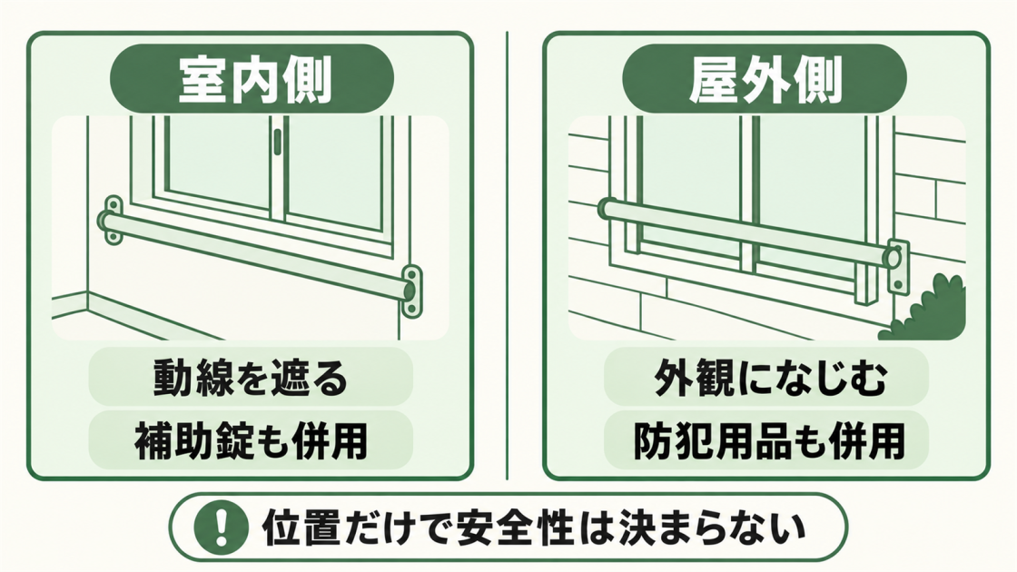 室内側は動線を遮り補助錠を併用、屋外側は外観になじみ防犯用品を併用し、設置位置だけで安全性は決まらないと示す比較図