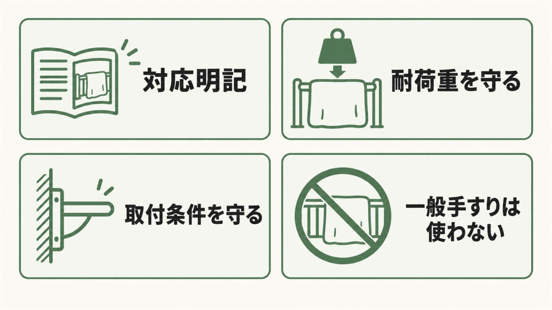 布団干し対応の明記、耐荷重、取付条件を守り、一般的な窓手すりを布団干しに使わないことを示す図解