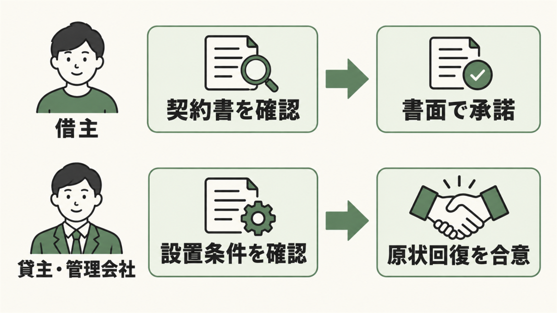 借主が契約書を確認して書面で承諾を得て、貸主や管理会社と設置条件および原状回復を合意する流れ