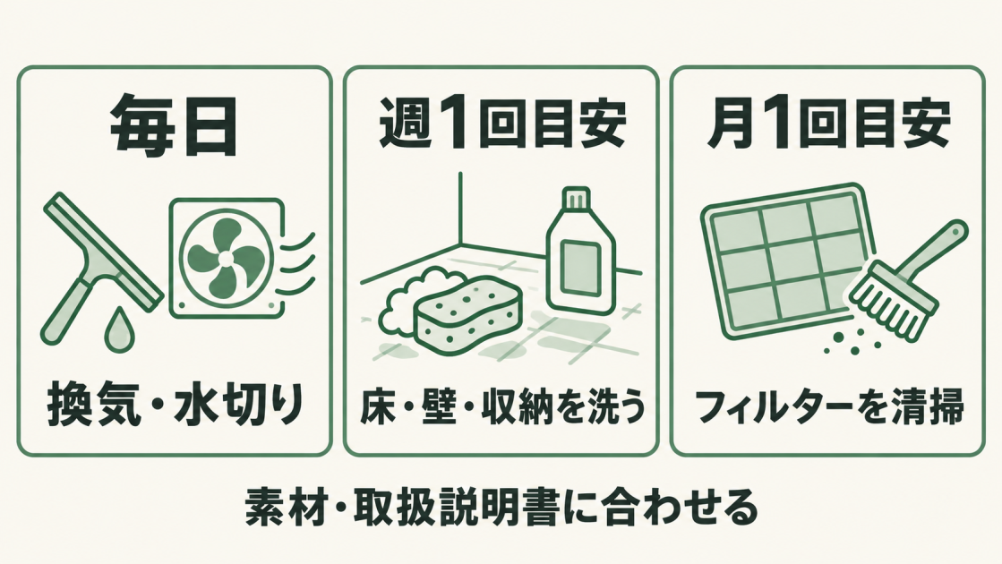 毎日は換気・水切り、週1回を目安に床・壁・収納を洗い、月1回を目安にフィルターを清掃することと、素材や取扱説明書に合わせることを示した図。
