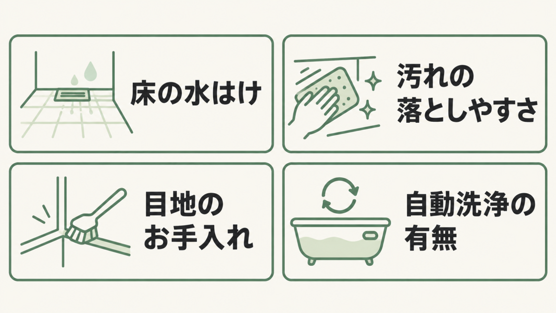 お風呂メーカーを比較するときの確認点として、床の水はけ、汚れの落としやすさ、目地のお手入れ、自動洗浄の有無を示した図。