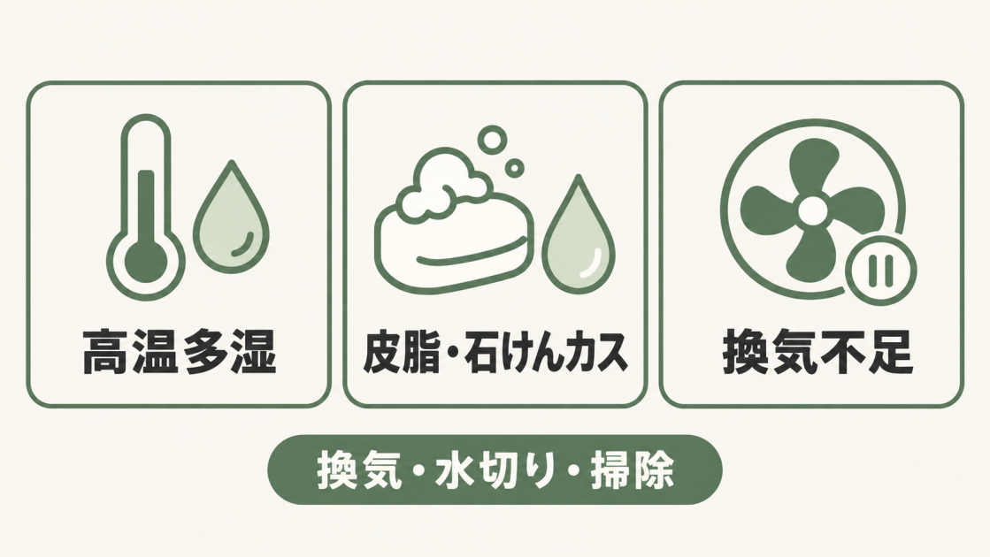 お風呂のカビの主な原因である高温多湿、皮脂・石けんカス、換気不足と、基本対策の換気・水切り・掃除を示した図。