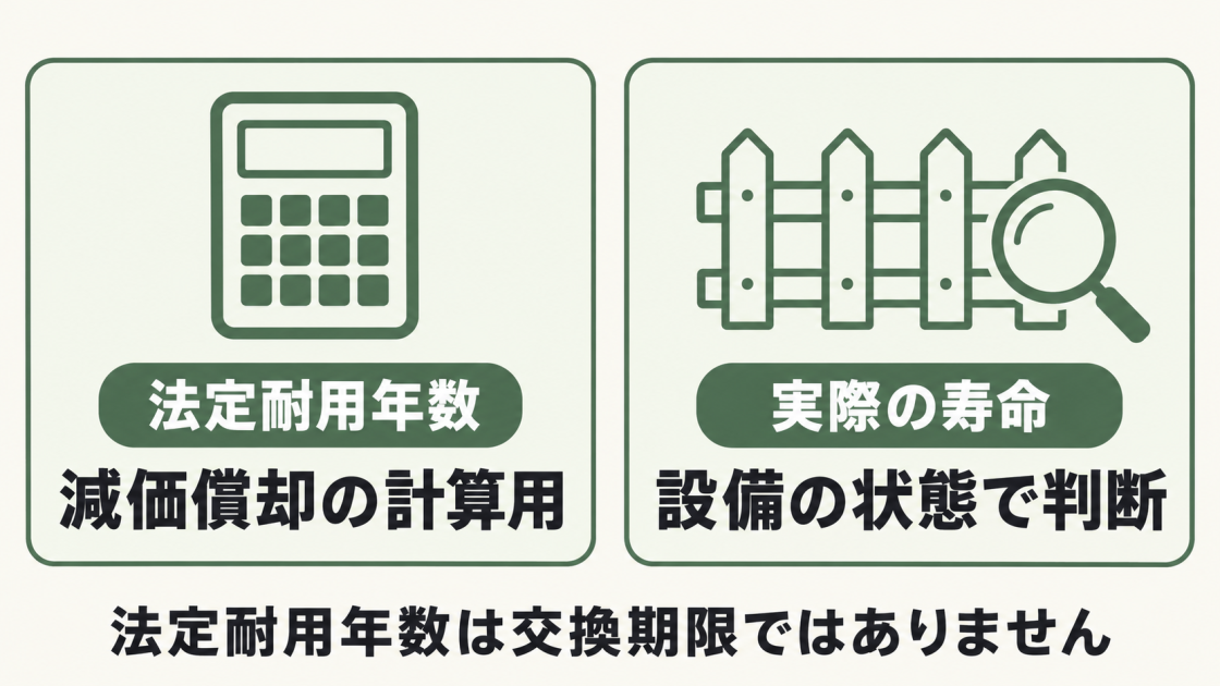法定耐用年数は減価償却の計算に使う年数で、実際の寿命は設備の状態で判断する。法定耐用年数は交換期限を意味しない。