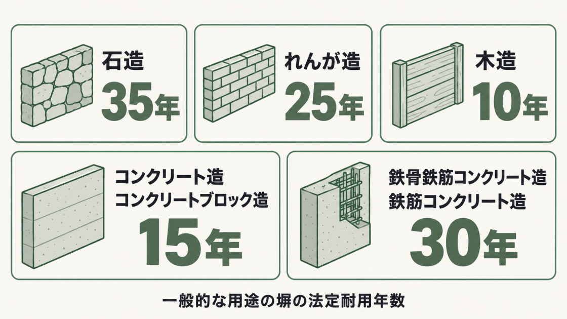 一般的な用途の塀の法定耐用年数は、石造35年、れんが造25年、木造10年、コンクリート造・コンクリートブロック造15年、鉄骨鉄筋コンクリート造・鉄筋コンクリート造30年。