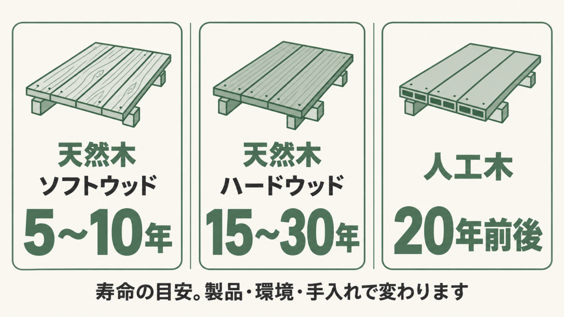 ウッドデッキの寿命の目安は、天然木のソフトウッド5～10年、ハードウッド15～30年、人工木20年前後。製品、設置環境、手入れの状況で変わる。