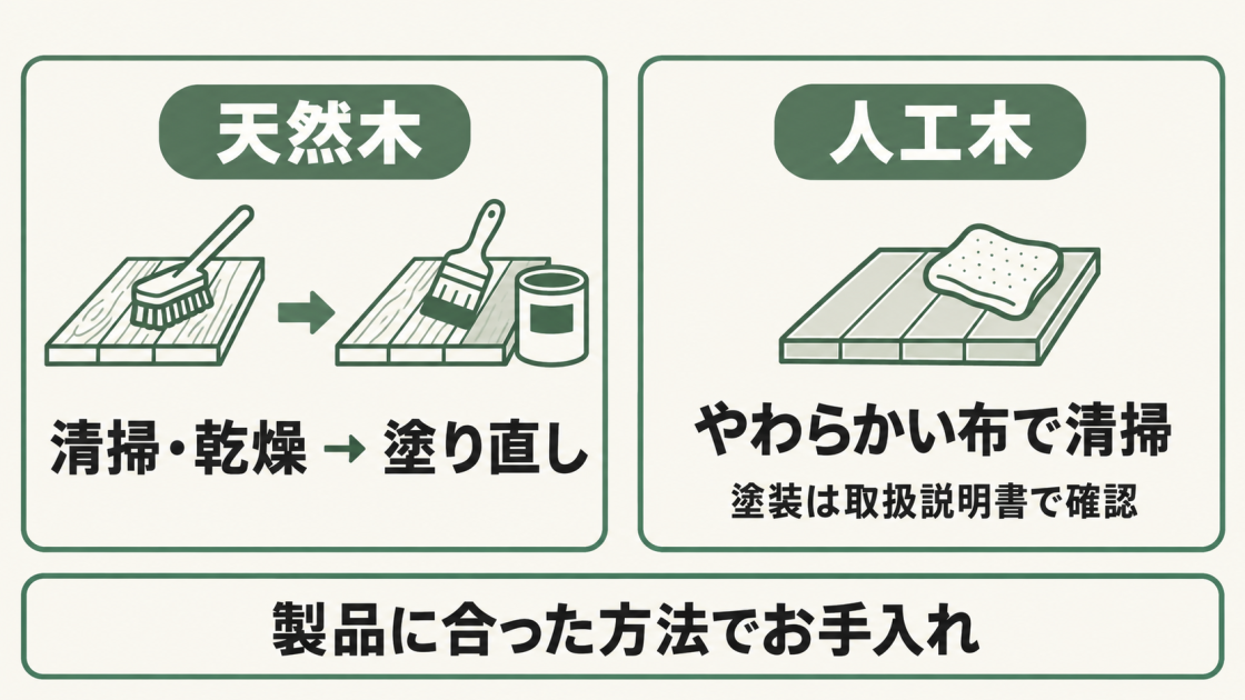 天然木のウッドデッキは清掃と乾燥後に製品の説明に従って塗り直す。人工木はやわらかい布などで清掃し、塗装については取扱説明書を確認する。