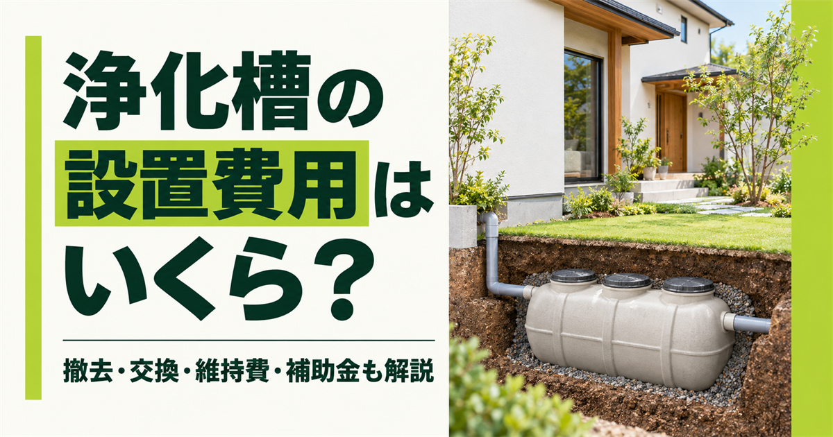 住宅の庭の地中に設置された浄化槽と「浄化槽の設置費用はいくら?撤去・交換・維持費・補助金も解説」の文字