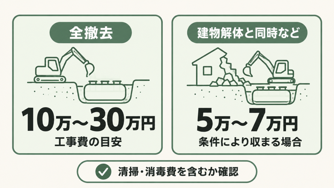 浄化槽の全撤去工事は10万~30万円が目安。建物解体と同時などの条件では5万~7万円となる場合があり、清掃・消毒費が含まれるか確認する。