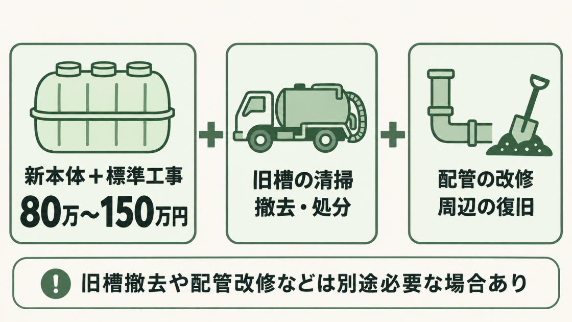 浄化槽の交換は、新本体と標準工事80万~150万円を目安に、旧槽の清掃・撤去・処分や配管改修・周辺復旧が別途必要になる場合がある。
