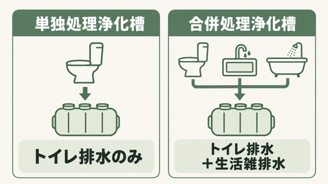 単独処理浄化槽が処理するのはトイレ排水のみ。合併処理浄化槽はトイレに加え、台所や浴室などの生活雑排水も処理する。