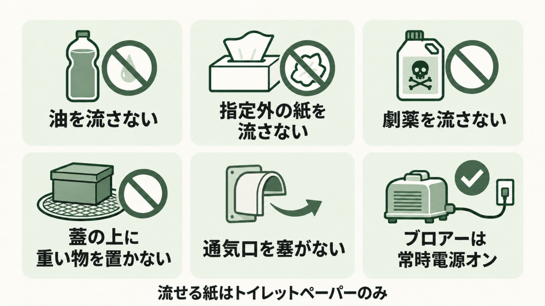油やトイレットペーパー以外の紙、強い薬品を流さず、蓋の上に重い物を置かない。通気口を塞がず、ブロアーの電源を常時入れる。