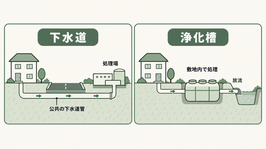 下水道は住宅の排水を公共の下水道管で処理場へ送る。浄化槽は住宅敷地内の地中の槽で排水を処理して放流する。
