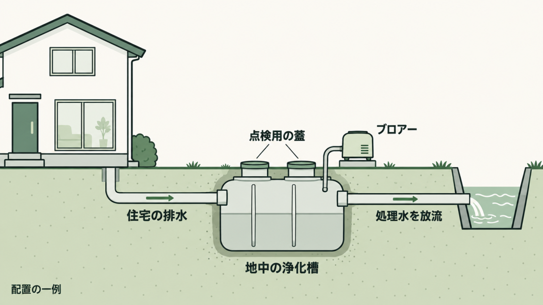 住宅の排水が地中に埋めた浄化槽へ流れ、処理後に放流される配置例。点検用の蓋とブロアーは地上にあり、ブロアーから槽内へ空気を送る。