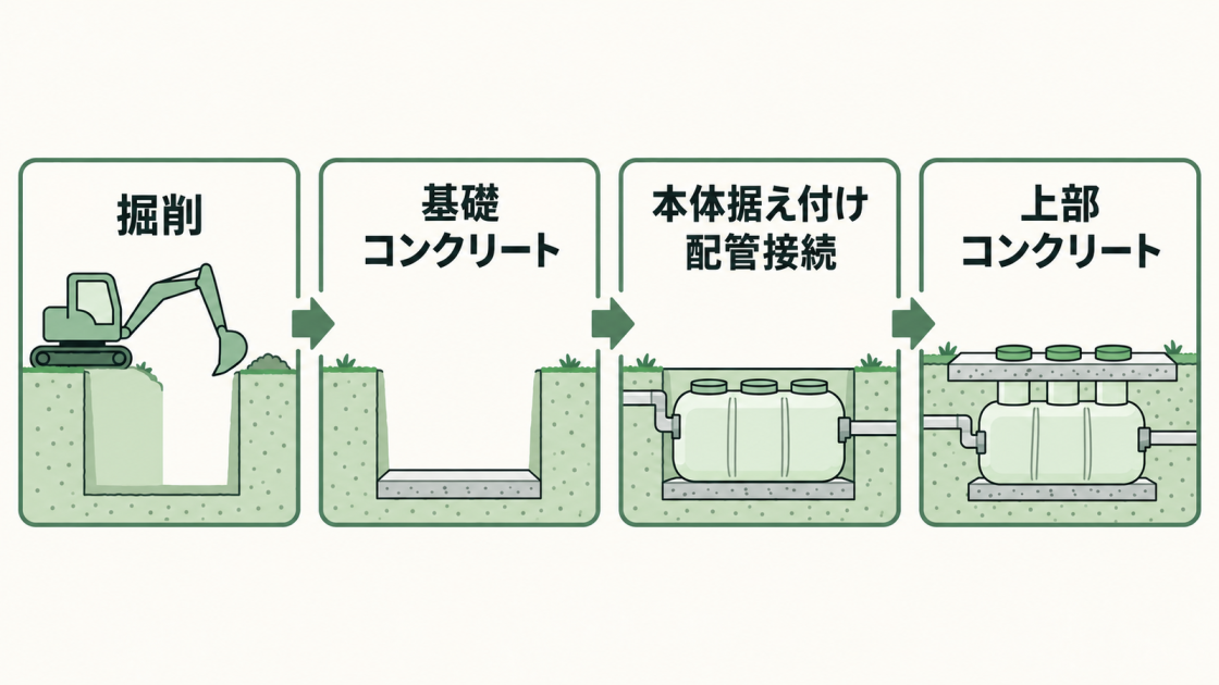 浄化槽の設置工事は、地面を掘削し、基礎コンクリートを打設、本体を据え付けて配管を接続し、上部をコンクリートで仕上げる流れ。