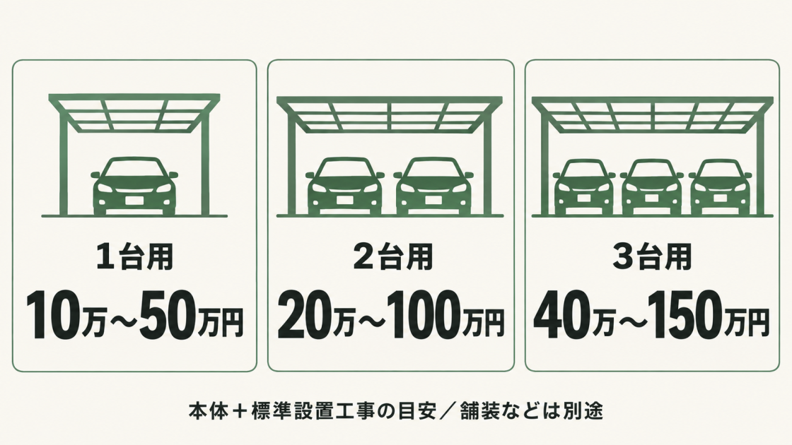 カーポートの本体と標準設置工事の費用目安は、1台用10万〜50万円、2台用20万〜100万円、3台用40万〜150万円。舗装などは別途確認が必要。
