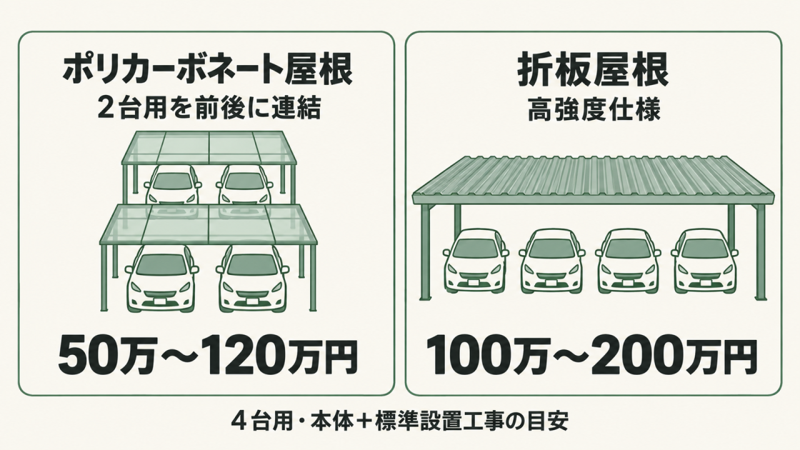 4台用の本体と標準設置工事の費用目安。ポリカーボネート屋根で2台用を前後に連結する場合は50万〜120万円、折板屋根の高強度仕様は100万〜200万円。