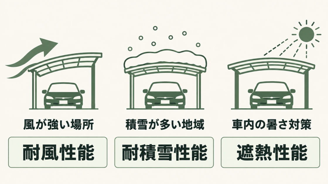 風が強い場所は耐風性能、積雪が多い地域は耐積雪性能、車内の暑さが気になる場合は遮熱性能を確認する。