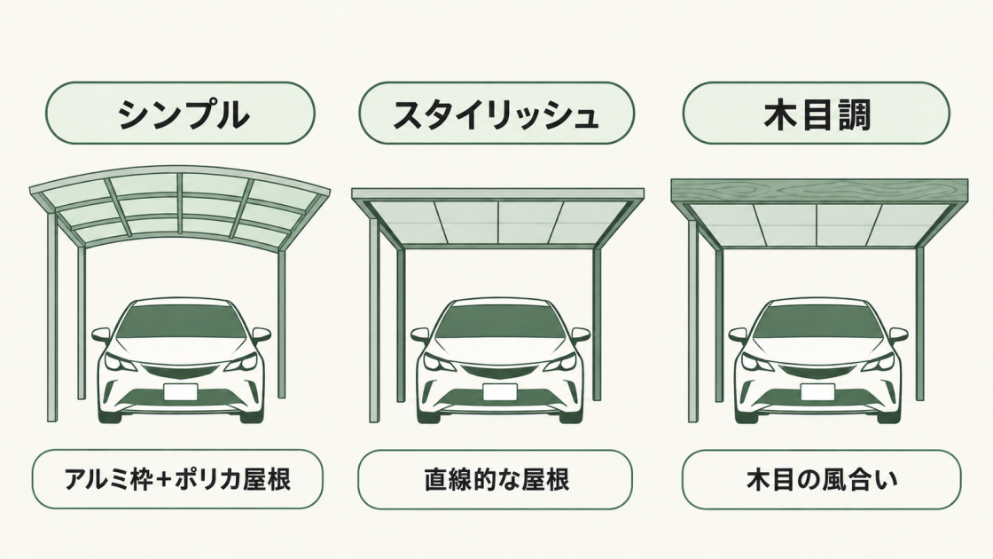 カーポートのデザイン例。シンプルタイプはアルミ枠とポリカーボネート屋根、スタイリッシュタイプは直線的な屋根、木目調はフレームに木目の風合いを取り入れる。