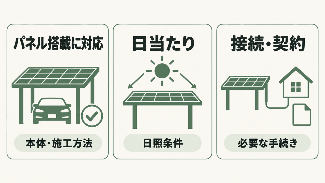 カーポートへの太陽光パネル設置前に、パネル搭載に対応した本体、日照条件、既存設備との接続や契約・手続きを確認する。
