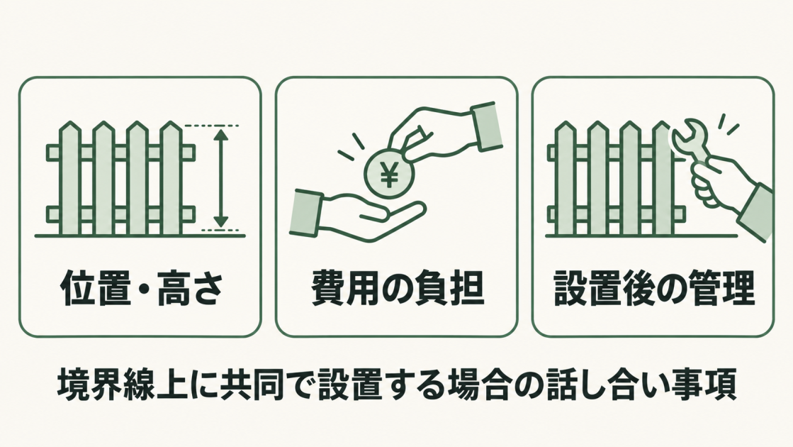 境界線上にフェンスを共同で設置する場合、隣地の所有者と位置・高さ、費用の負担、設置後の管理の3項目を話し合って決める。