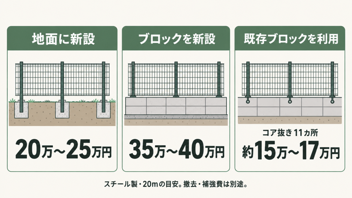 スチール製メッシュフェンス20mの費用目安。地面への新設は20万～25万円、ブロック2段を新設する場合は35万～40万円、既存ブロックを利用して11カ所をコア抜きする場合は約15万～17万円。撤去・補強費は別途。