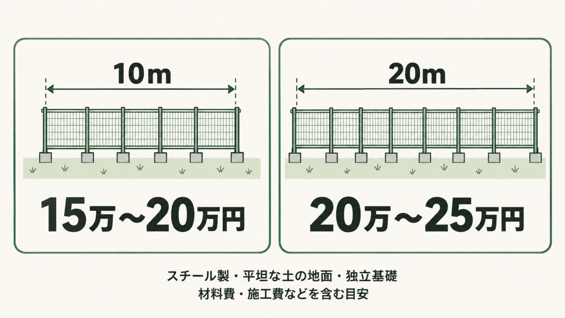 平坦な土の地面に独立基礎でスチール製メッシュフェンスを新設する場合、材料費・施工費などを含む目安は10mで15万～20万円、20mで20万～25万円。