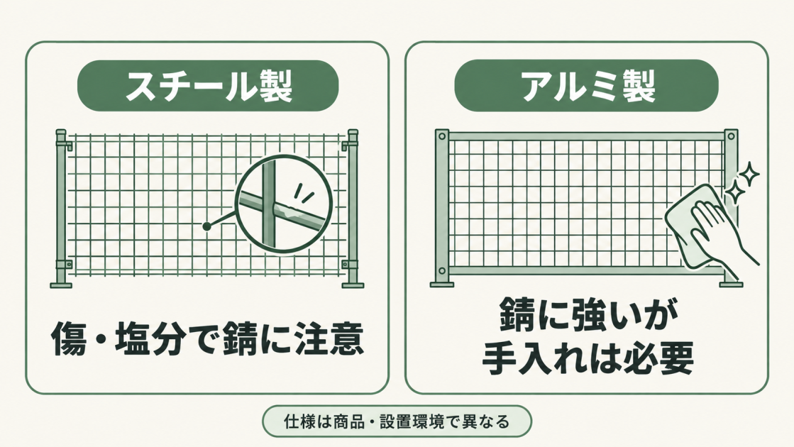 スチール製は傷や塩分による錆に注意が必要。アルミ製は錆に強いもののお手入れは必要。仕様は商品や設置環境によって異なる。