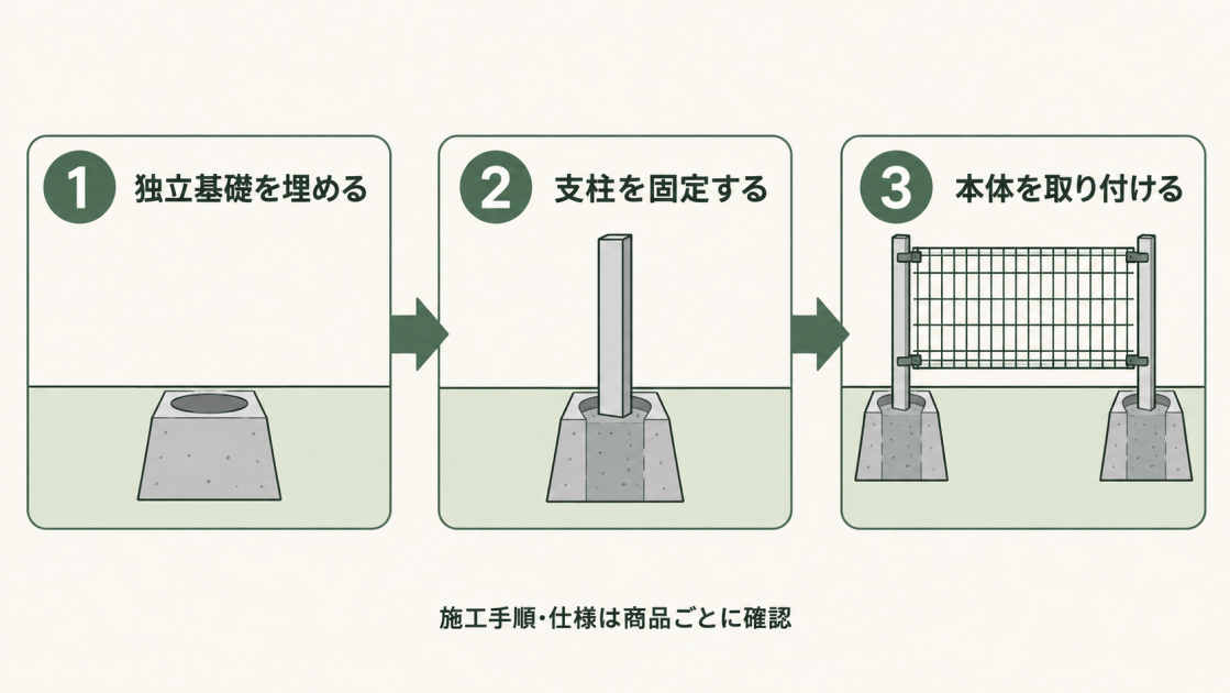 地面に直接設置する流れ。1、独立基礎を地面に埋める。2、支柱をコンクリートで固定する。3、フェンス本体を取り付ける。施工手順と仕様は商品ごとに確認する。